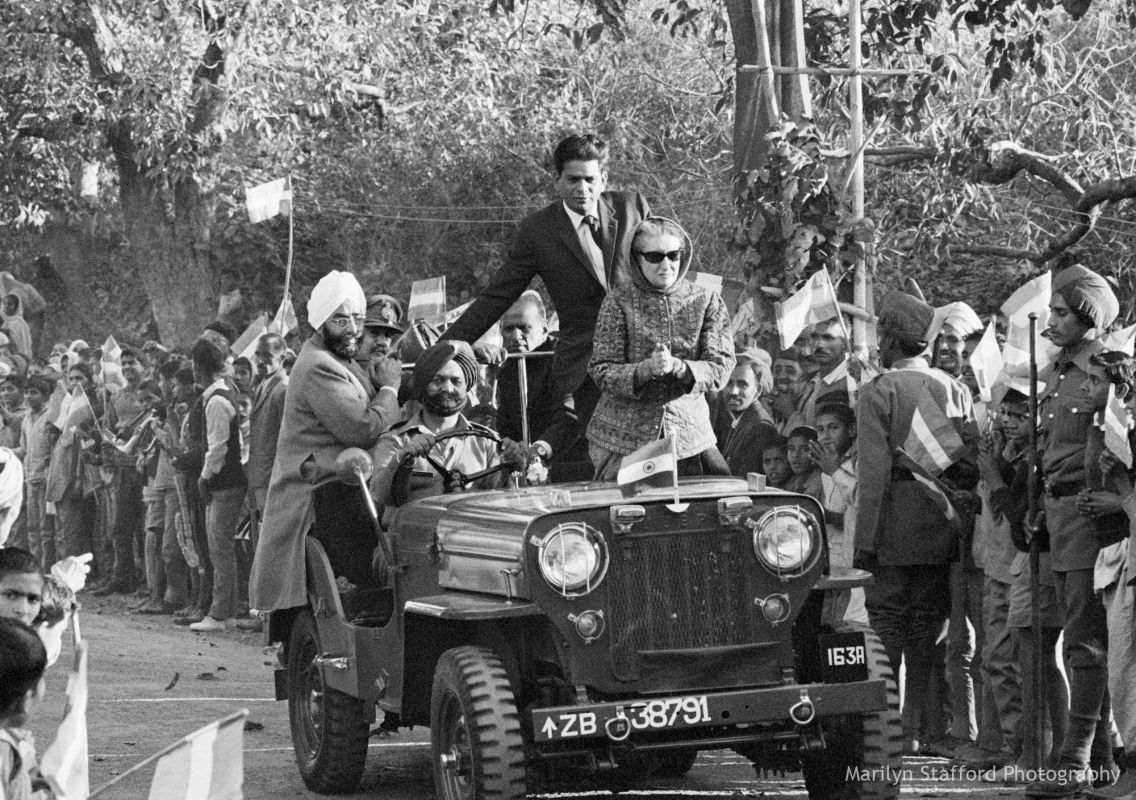Indira Gandhi, with her bodyguards, on her tour of Kashmir, 1971