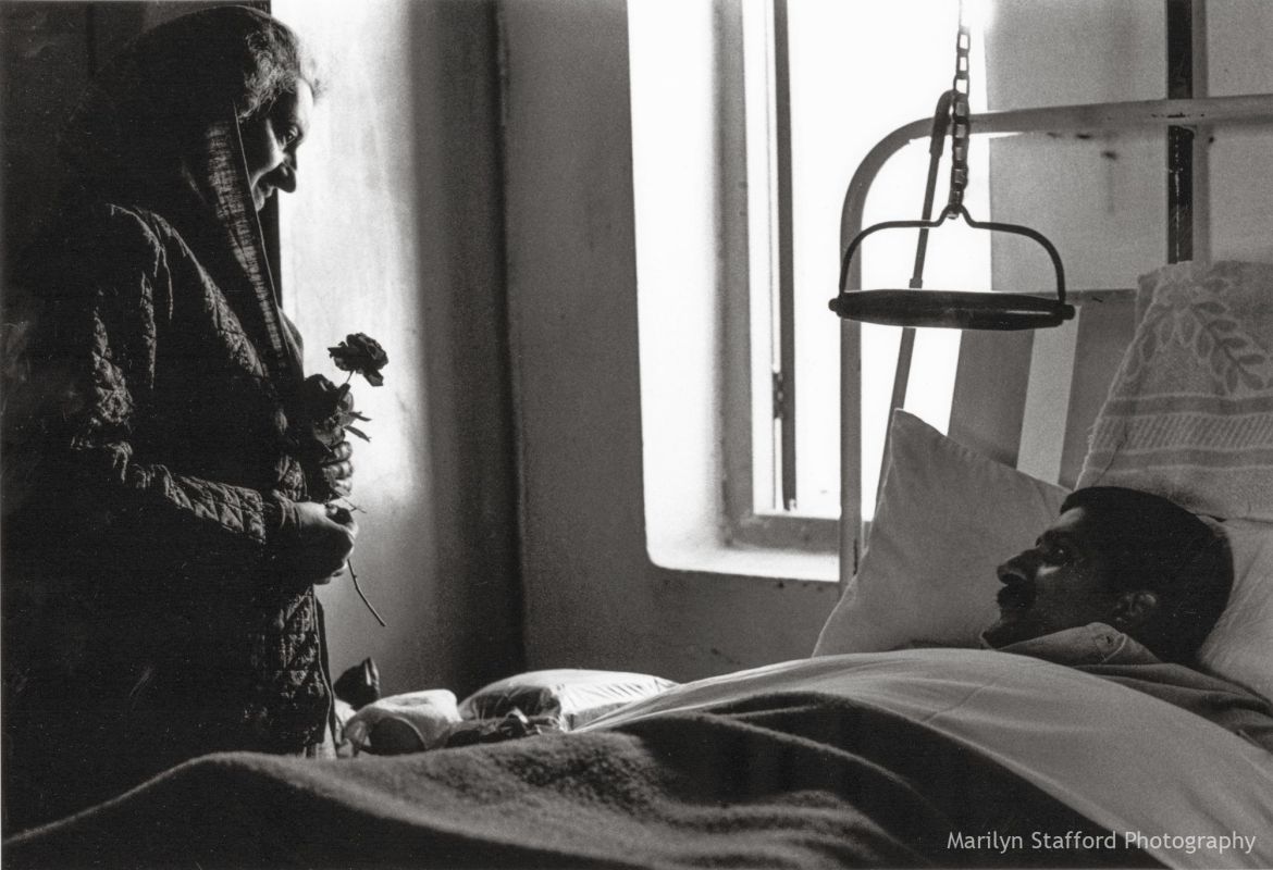 Indira Gandhi, visiting wounded soldier in hospital following the Indo-Pakistani war, Kashmir, 1971.