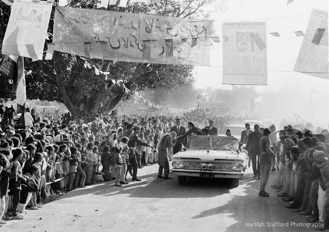 Indira Gandhi’s flower-strewn motorcade en route to rally, Kashmir, 1971.