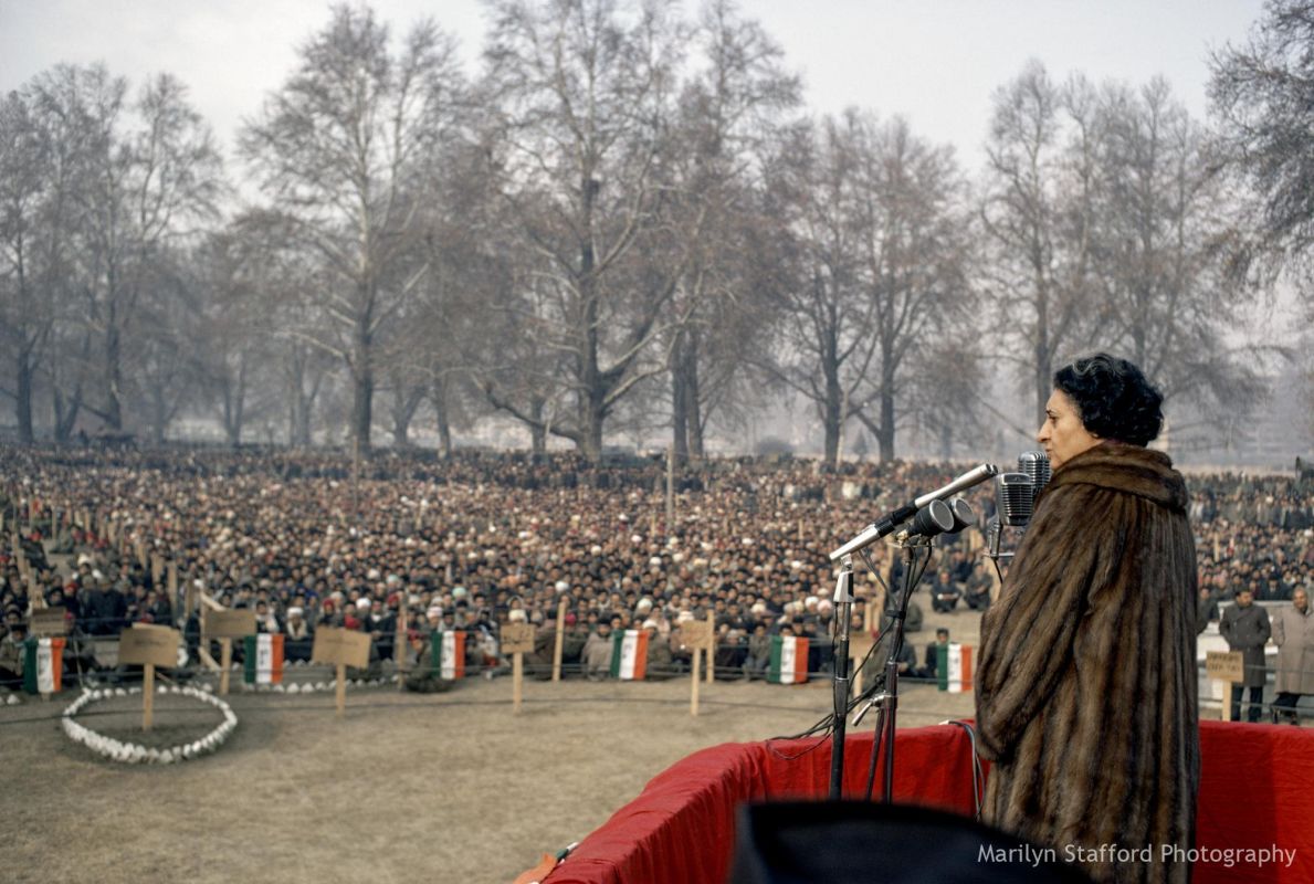 Indira Gandhi, speaking at mass rally, Srinagar, Kashmir, 1971.